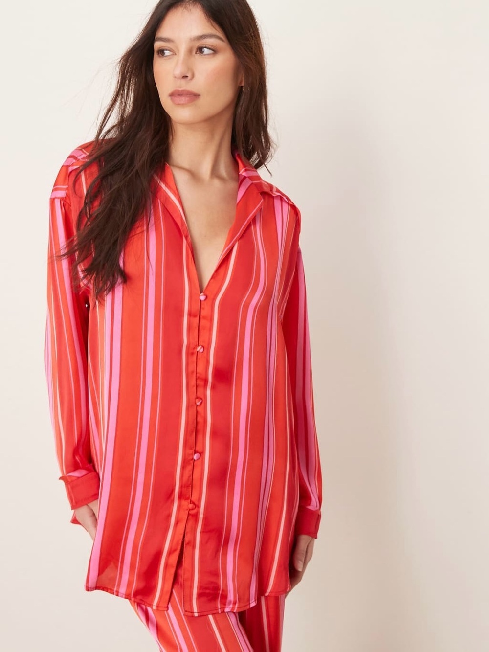 NWT Free People Dreamy Days Pajama Top Pink Red Striped Satin Shirt Oversized S